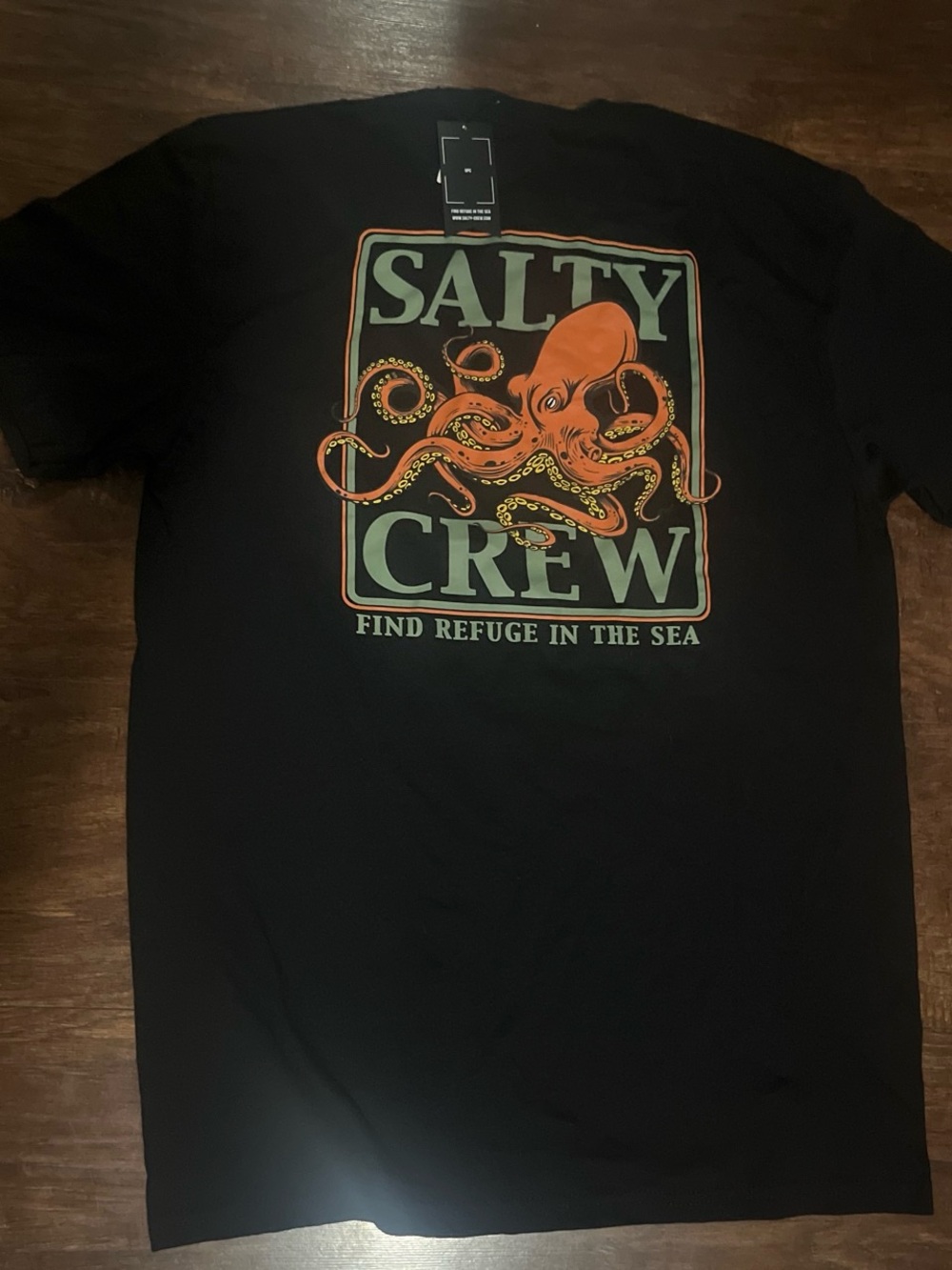 Salty Crew Black Tee with Orange Octopus and Sea-Green Block